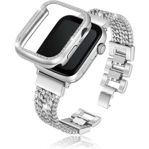 Crystals and Cowboy Metal Chains Compatible for Apple Watch Bracelet Bands with Bling Protective Case 40mm Iwatch Series 8 7 6 5 4 3 2 1 SE for Women Dressy (Silver)