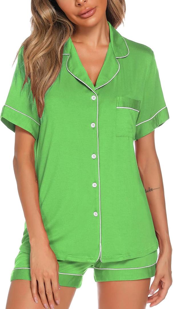Aamikast Button Up Pajama Set for Women Shorts Short Sleeve Knit Sleepwear 2 Pice Pjs Sets (Green, L)