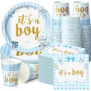 200 Pcs Blue Baby Shower Paper Plates Napkins Cups Boy Baby Shower Party Supplies Tableware Set Blue Disposable Cup Napkin for 50 Guest Boys Spring Party Decoration, It's A Boy