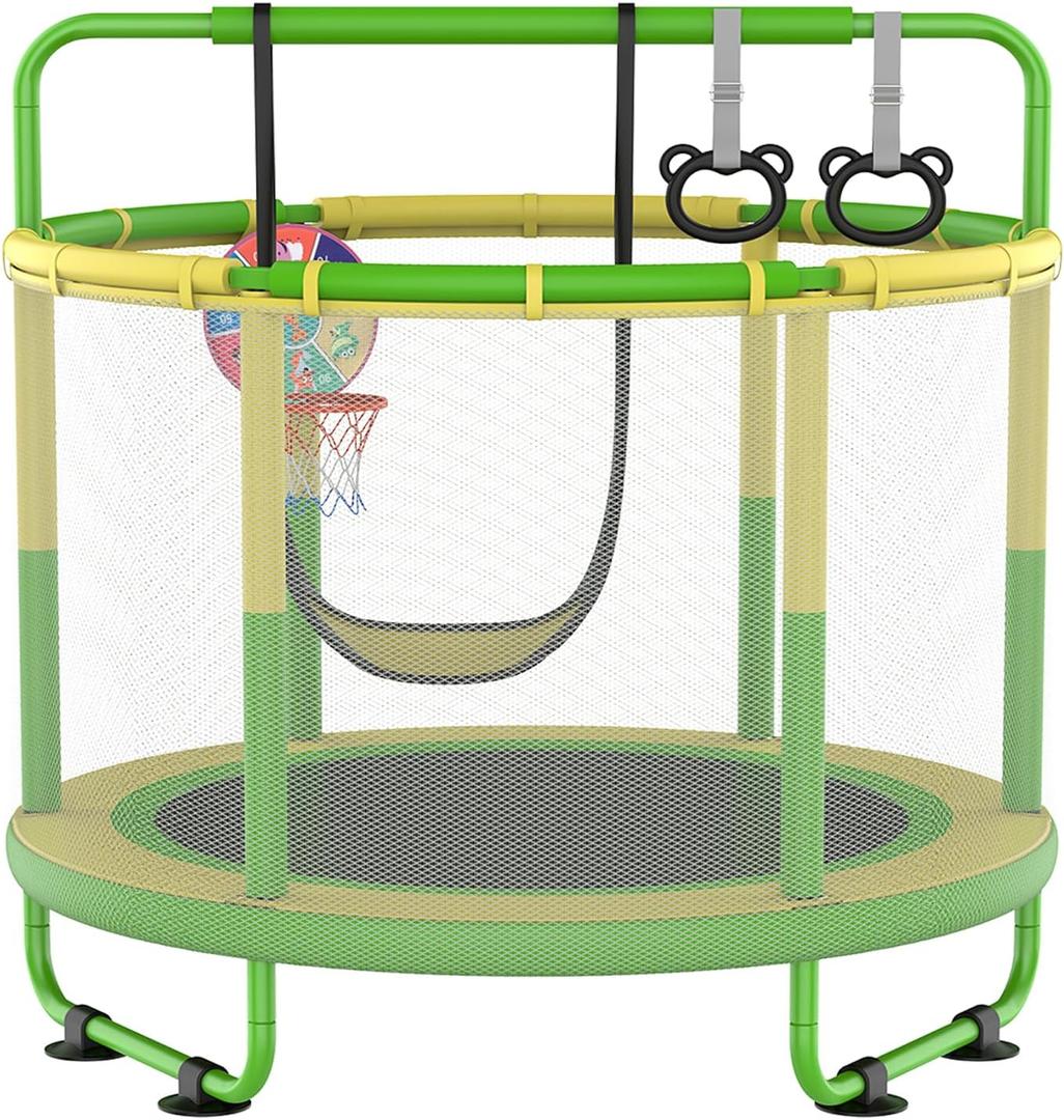 LANGXUN 60" Trampoline for Kids, 5ft Toddler Mini 6-in-1 Trampoline Indoor Outdoor with Swing, Basketball Hoop, Dart Board, Gymnastics Bar, Rings, Christmas Toys Birthday Gifts for Girls Boys Age 3-8 (Green & Yellow)