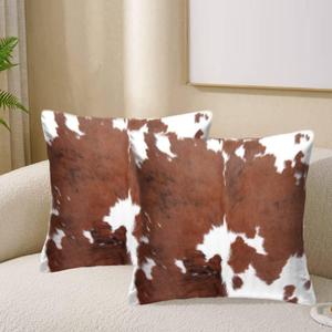 Velvet Throw Pillow Covers 20x20, Soft Vintage Couch Pillow Cover, Cow Hide Cowhide Print Farm Animal Fur Square Accent Cushion Cover for Farmhouse Living Room Decor, Brown White