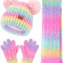 Kids Winter Hat Scarf Gloves Set, Toddler Girl Boy 8% Wool Fleece Lined Pom Beanie Knit Neck Mittens Children Christmas Gifts
