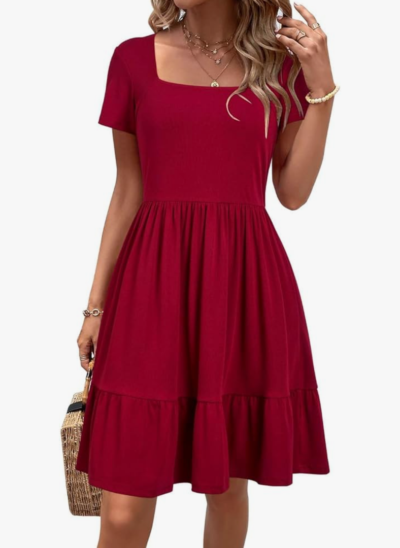 Newshows Women 2025 Summer Dress Square Neck Formal Short Sleeve Business Casual Outfits Ruffle Spring Pockets Sundress L