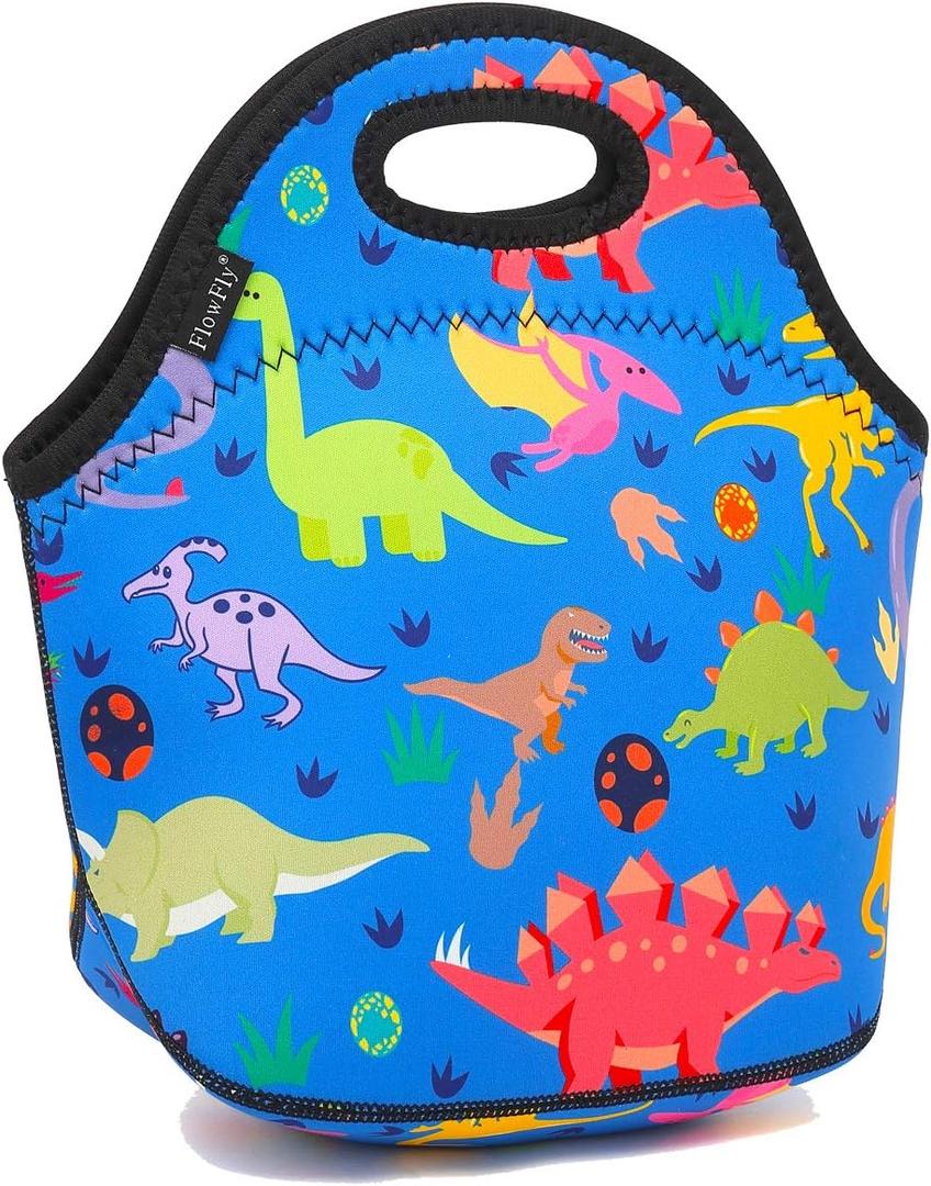 FlowFly Neoprene Kids Lunch box Insulated Soft Bag Mini Cooler Thermal Meal Tote Kit for Boys, Girls, Men, Women, School, Work, Office, Dinosaur
