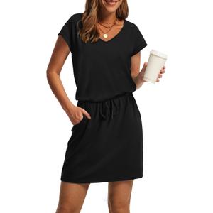 OFEEFAN Summer Dresses for Women 2025 V Neck T Shirt Casual Mini Dresses Tie Waist Sundresses with Pockets (X-Large, Black)