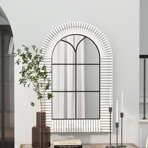 36x24 inches Wooden White Arch Window Mirror with Grid Frame, Decorative Arched Vanity Wall Mirrors for Bedroom Dresser, Bathroom, Living Room, or Entryway Decor