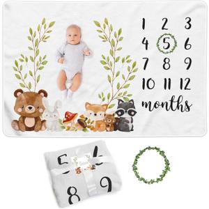Baby Monthly Milestone Blanket Woodland Boy Girl Gender Neutral Gift for Baby Shower Photo Blanket for Newborn Picture Wreath Included Soft Flannel Blanket