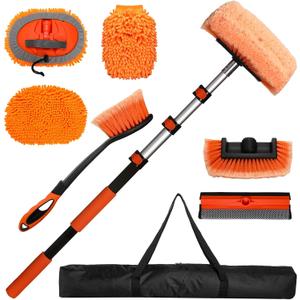 Truck Wash Kit with Long Handle, 12FT Extension Pole with Car Wash Brush, Mop & Window Squeegee, Exterior Cleaning Kit for RV, Large Truck & Car, Includes Wheel Brush, Wash Mitt & Storage Bag