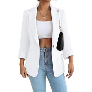 Women Blazer Suit Jacket Notched Collar Casual Work Office Blazers (S06-TKZ59225-White-S 