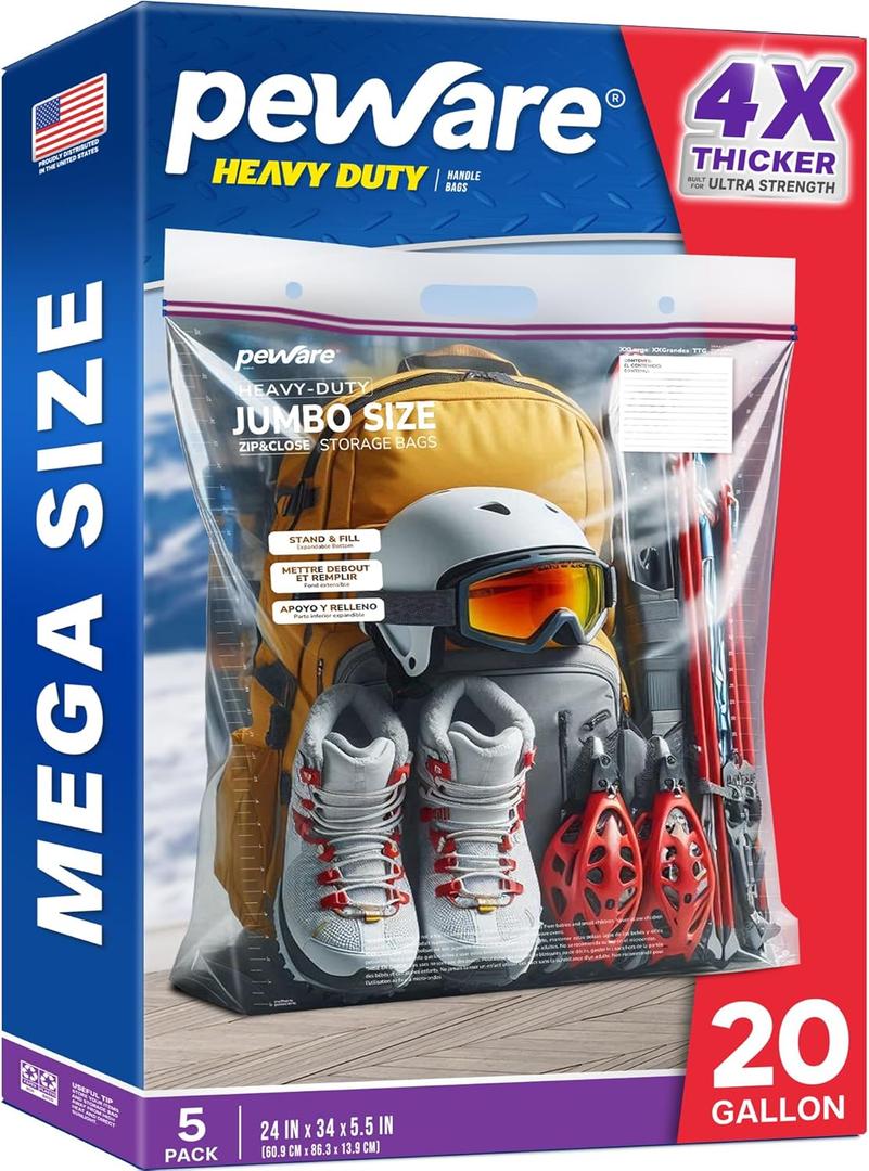 20 Gallon Heavy Duty Jumbo Storage Bags with Handle  24" x 34" Resealable Zipper Top, Oversized Storage Solution for Clothes, Food, Pillow, Bedding, Household, BPA-Free, Pack of 5, 6 Mil Thick