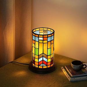 Blivuself Tiffany Style Stained Glass Bohemian Block Table lamp Living Room Bedroom Bedside Flower Vase Decor Small Night Light Mini Cute Kids Accent Cottage Aesthetic Nightstand Cylinder Desk lamp