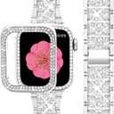 SUPOIX Compatible with Apple Watch Band 45mm + Case, Women Jewelry Bling Diamond Metal Bands & 2 Pack Protective Cover Cases for iWatch Series 9/8/7(Silver)