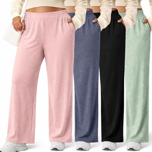 Neer 4 Pack Women Plus Size Wide Leg Yoga Pants High Waist Sweatpants Plus Size Palazzo Pants Lounge with Pockets, XL