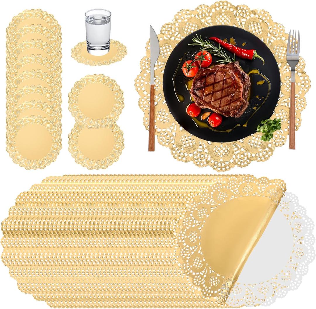 200 Pcs Lace Paper Disposable Placemats, 12 Inch Gold Paper Doilies Decorative Tableware, Disposable Gold Placemats Round for Wedding Anniversary Birthday