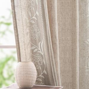 jinchan Winslow Linen Curtains for Bedroom 96 Inches Length Linen Blended Embroidered Floral Curtains for Living Room Farmhouse Decor Light Filtering Window Treatments Ivory on Taupe Drapes 2 Panels