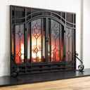 Plow & Hearth Metal Fireplace Screen Glass Floral Black | 44" W x 33" H | 2 - Door | Spark Guard Indoor Grate | Iron Fire Place Cover | Wood Burning Stove Decorative