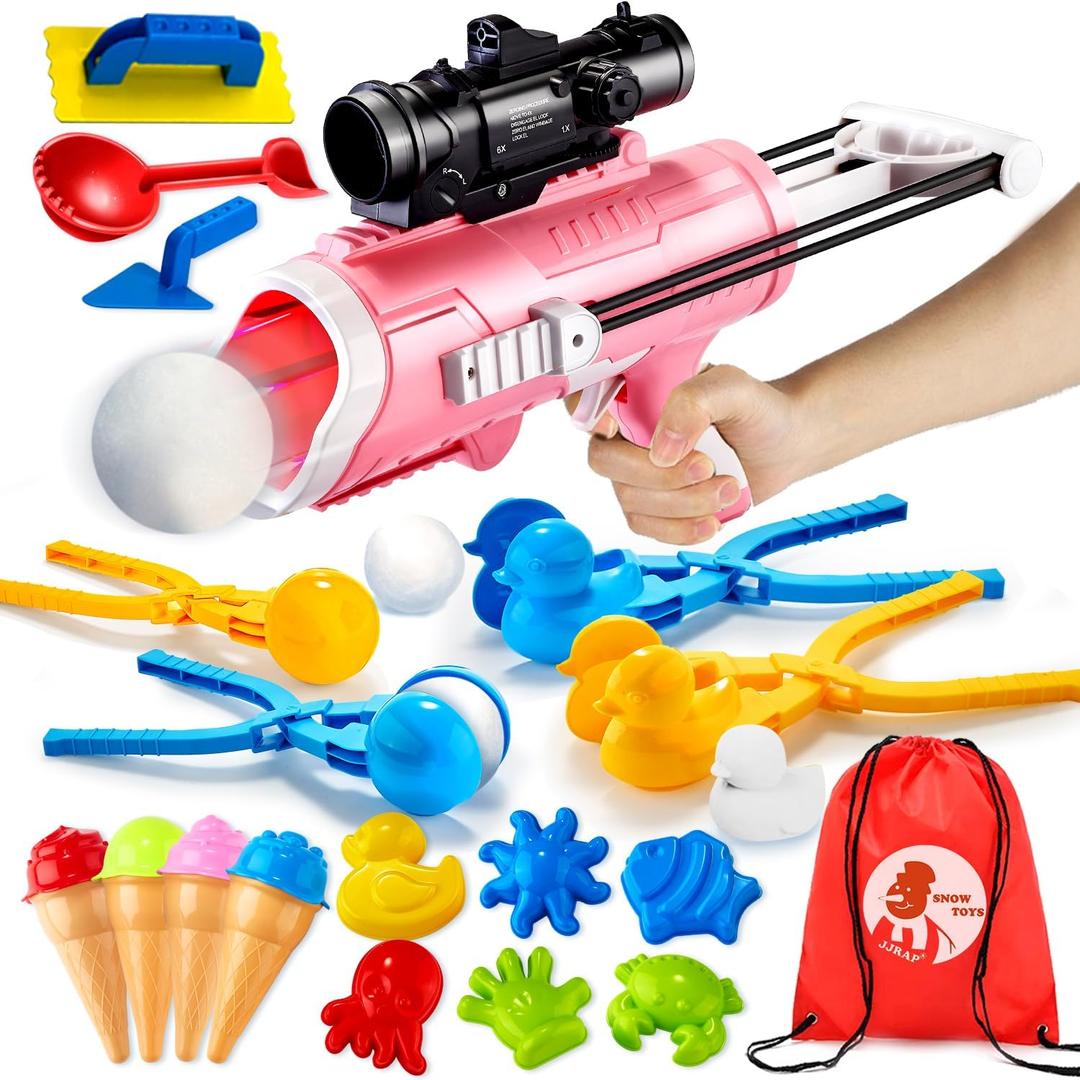 Snowball Maker Toy for Kids 24 Pcs Winter Outdoor Toys with Snowball Launcher Gun, Duck Snowball Maker, Animal Sand Molds Beach Toys for Toddlers Kids GirlsPink