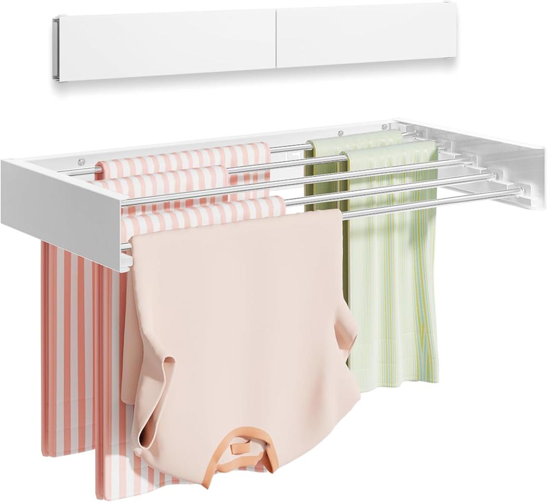 Wall Mounted Clothes Drying Rack 32", Foldable Wall Mount Laundry Rack Folding Indoor, Drying Rack Clothing Collapsible, Hidden Space Saver with Wall Template, 5 Rods, White
