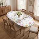 Horaldaily Spring Fitted Tablecloth 68 x 48 Inch Oval, Spring Daisy Floral Flowers Butterfly Washable Table Cover Elastic Edged for Dinning, Picnic, Camping, Banquet