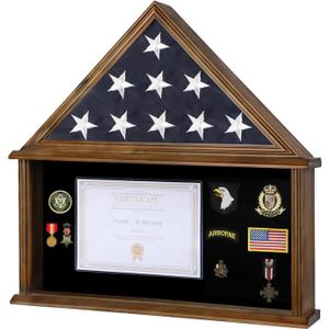 Large Military Shadow Box - Solid Wood Burial Flag Display Case for American Veteran With Certificate Holder, Walnut Finish - Fits 5'x9.5' Folded Flag