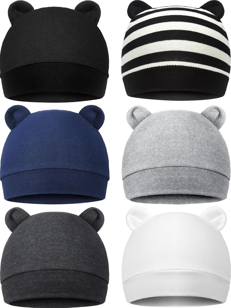 Geyoga 3 Pieces Newborn Baby Hat Bear Ears Infant Caps Baby Boy Girl Toddler Hats Infant Beanie Caps for 0-3 Months (Black White, Navy Blue, White)