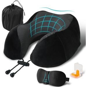 Travel Pillow, Memory Foam Neck Pillow for Traveling, U Shape Neck Pillow Airplane Portable Flight Pillow Travel Kit with 3D Contoured Eye Masks and Earplug for Plane Train Car Home Office - Black