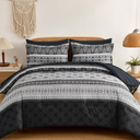 Boho Comforter Set Queen Size,7 Pieces Bohemian Comforter Bedding Set Bed in a Bag,Dark Grey Paisley Floral Comfortet and Sheet Set,Soft Gray Striped Bedding Sets for All Season
