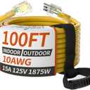 100ft 10 Gauge Outdoor Extension Cord Waterproof with Lighted Indicator,10 AWG SJTW Heavy Duty 15Amp 1875W, 3 Prong Cords Flexible Copper Yellow ETL Listed