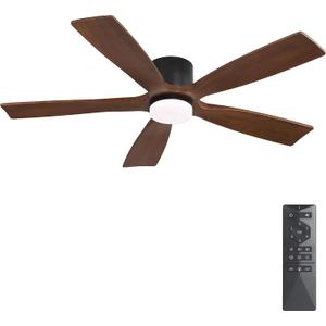 WINGBO 54" Flush Mount DC Ceiling Fans with Dimmable Light, 5 Carved Solid Wood Blade, 3CCT, 6-Speed Reversible DC Motor, Low Profile Hugger Ceiling Fan for Living Room Bedroom Patio, Black and Walnut