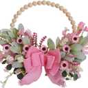 TEMPUS 16" Spring Wooden Beaded Door Wreath Pink Daisy, Burlap Bow Wreath, Valentine's Day, Wedding Indoor and Outdoor Decor Farmhouse Door Decorations