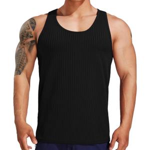 Men's Breathable Ribbed Knit Tank Tops Sleeveless Muscle Workout Gym Fitness Training Tees (Black, M)
