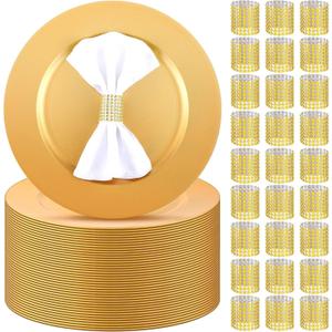 200 Pieces Charger Plates Bulk with Napkin Rings,Simple Style,Light Gold