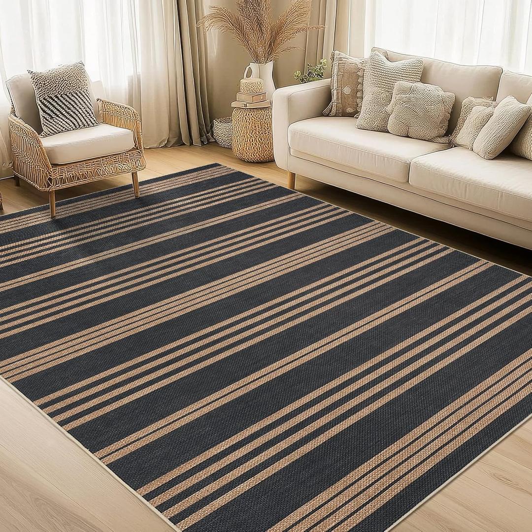 Garvee Large Easy Jute Living Room Rugs 8x10 Rug, Non Slip Foldable Striped Printed Floor Mats, Machine Washable Indoor Outdoor Carpet for Bedroom, Garden, Black and Brown