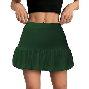Women's Leopard Print Bubble Mini Skirt Mid Waist A-Line Short Skorts Puffy Ruffle Hem Balloon Skirts with Shorts M