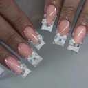 Bow Press on Nails Long Square False Nails with Colorful Rhinestone Design Pink French Tips Fake Nails Glossy Pink Stick on Nail Full Cover Summer Glue on Nail for Women Girls Manicure 24Pcs