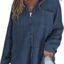 SHEWIN Women's Waffle Knit Button Down Shirts Casual Long Sleeve Shacket Jacket Boyfriend Tops Blouses Loose Fit (B Navy Blue)