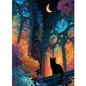 Puzzles for Adults 1000 Pieces, Stained Glass Cat Fantasy Night Moon Scene, Challenging Puzzle Game with Poster, Matte Finish, Interlock Perfectly Frameable Wall Decor Gift