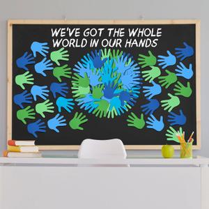 MotiMind 1000 Pcs Earth Day Bulletin Board Decorations Blue Green Hand Shaped Sticky Notes Bulk One World Together Classroom Decorations for Student School Classroom Publicity Events, 20 Sets