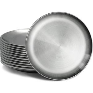 Stainless Steel Plates Silver Lightweight Unbreakable Dinner Dishes Plates Set Feeding Serving Camping Reusable and Dishwasher Safe (12Pcs 8 Inches)