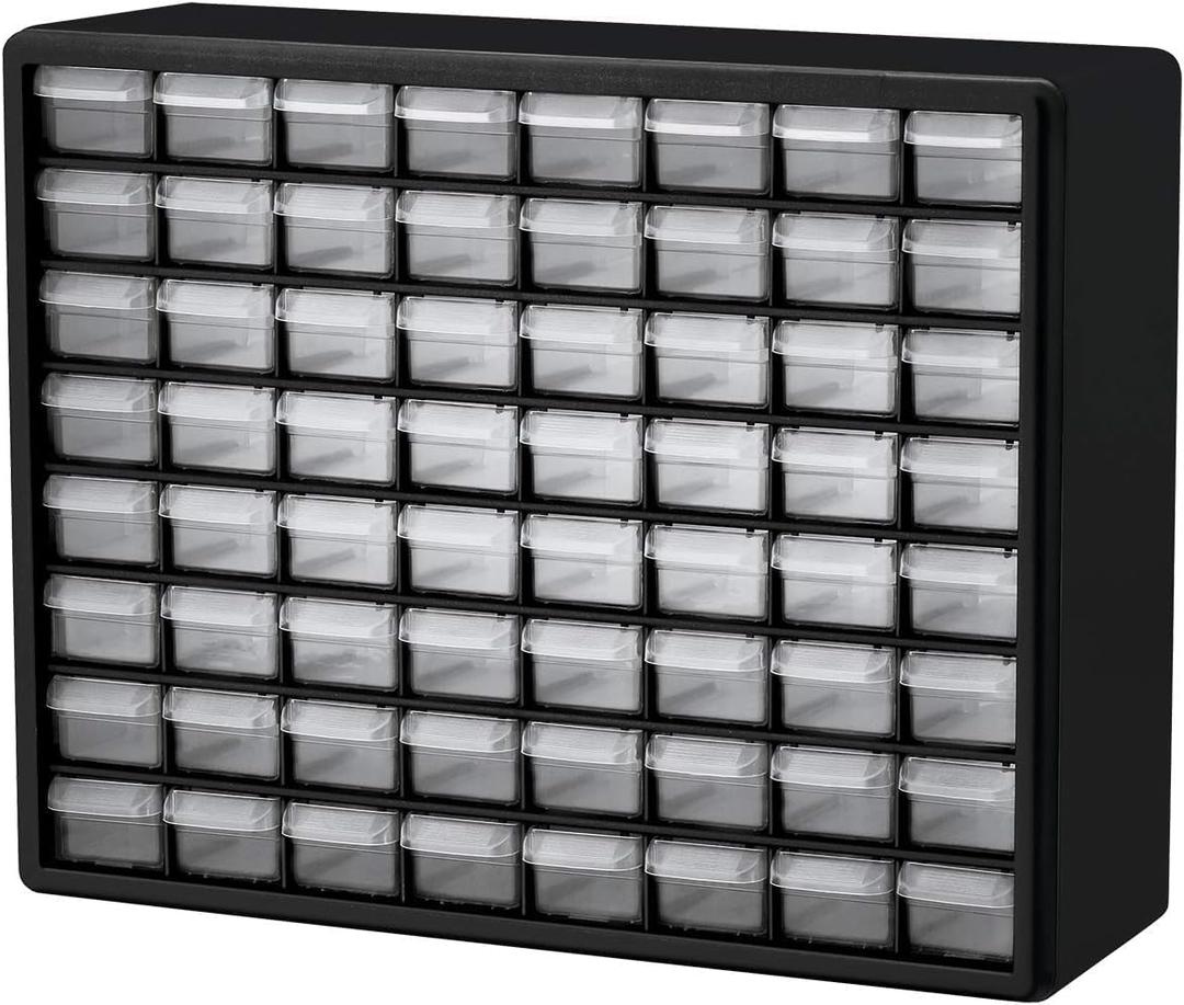 Akro-Mils 64-Drawer Plastic Drawer Storage Cabinet for Garage Organization, Bead Organizer, Building Bricks Storage, Teacher Toolbox, Makeup Organizer, 20" W x 6" D x 16" H, 10164 Black