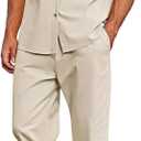 Men's 2 Piece Outfits Casual Beach Short Sleeve Button Down Shirts Loose Pant Sets Summer Vacation Walking Outfits (XX-Large, Khaki)