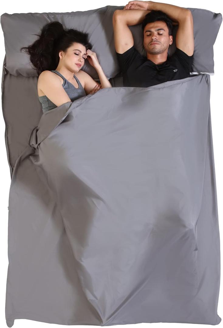 Sleeping Bag Liner - Adult Sleep Sack & Travel Sheets for Hotel - Travel Sleep Sack, Camping Sleeping Bag Liners for Cold Weather (Double (Fits 2 People) - Gray with Zipper)