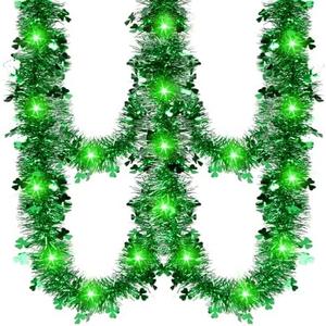 letesult 66 Feet St Patricks Day Tinsel Garland with Lights, 2 Strings 33 Feet Each St Patricks Day Shamrock Garland Clover Green Twist Metallic Decoration for Saint Patricks Day Irish Party Decor