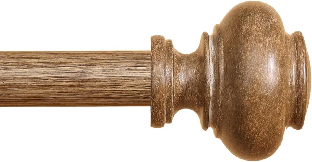 Wood Curtain Rods for Windows 48 to 84 Inch, 1 Inch Heavy Duty Curtain Rods with Imitation Wood Grain Finials, Boho Adjustable Drapery Rod, Decorative Farmhouse Rustic Single Window Curtains Rod