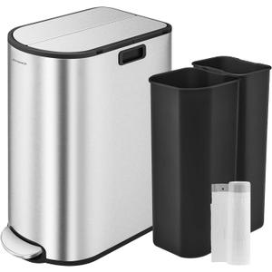 SONGMICS 13-Gallon Dual Kitchen Trash Can, 5.3 and 8 Gallon Compartments, Garbage Can with Wing Lids, Stainless Steel, Soft Close, Inner Buckets, Metallic Silver ULTB570E50
