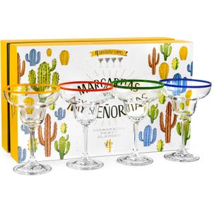10 oz Margarita Cocktail Glasses + Colorful Party Rims | Set of 4 | Classic Frozen Drinks Stemware + Fun Cactus Gift Box | Thick Stem, Heavy Duty, Clear Hand Blown Glassware Drinking Set