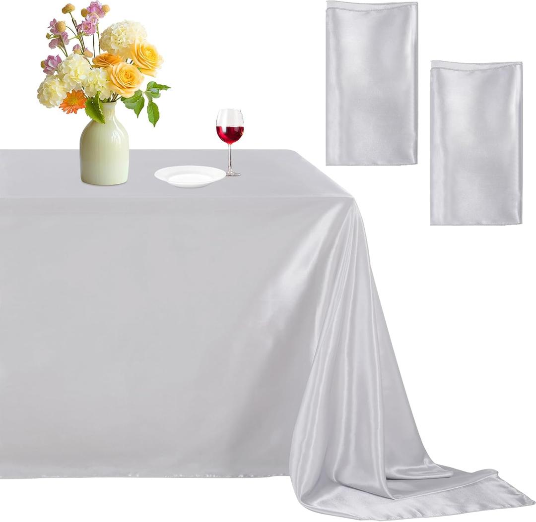 B-COOL Silver Satin Tablecloth Birthday 2 Pack Party Rectangle Table Overlays for Holiday Wedding Baby Shower Ceremony 90x132inch