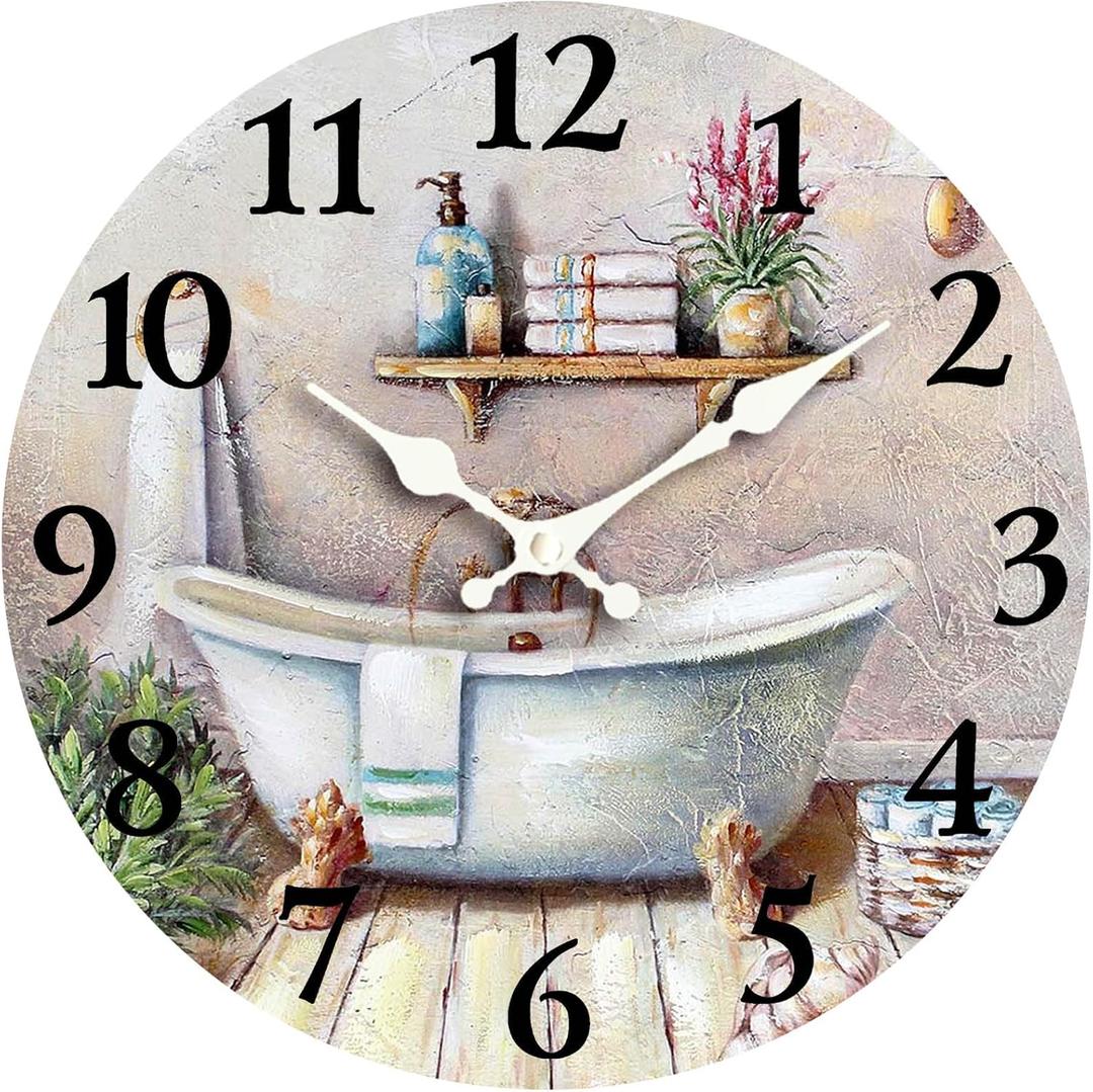 Vintage Bathtub 10 Inch Wooden Wall Clock - Silent Non-Ticking Battery Operated Decorative Clock for Kitchen, Home, Bedroom, and Office