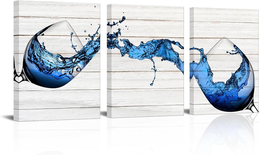 Biuteawal 3 Panel Blue Wine Wall Art Kitchen Wall Decor Cool Flowing Wine on Wooden Background Picture Painting on Canvas Food Artwork Prints Modern Home Dining Room Restaurant Bar Decoration Framed