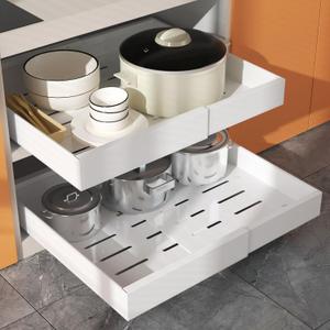 2 Pack Pull Out Cabinet Organizer,Expandable(12.6"-20.4") Slide Out Drawers for Kitchen Cabinets Fixed with Adhesive Film for Pots,Pans,Heavy Duty Sliding Shelf Organizers and Storage (white)